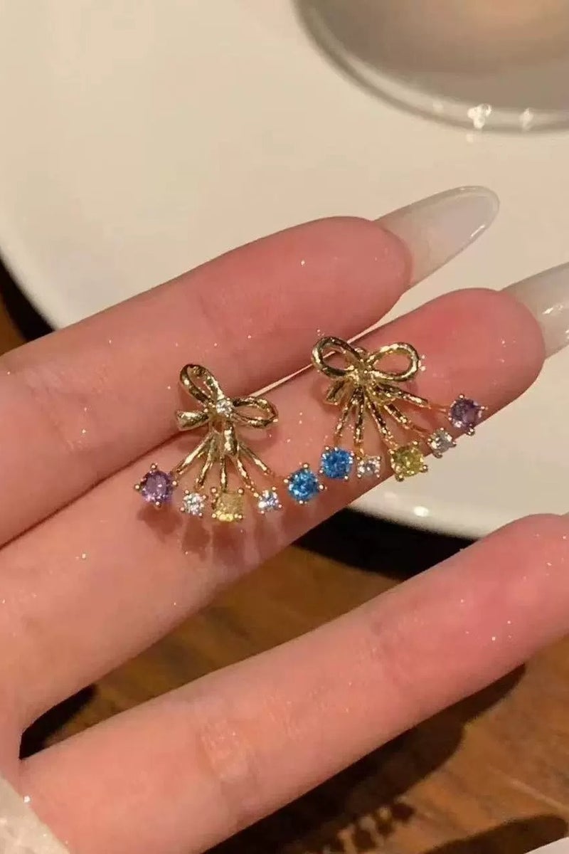 Goolsky 925 Sterling Silver Bow Stud Earrings for Women – Colorful Zircon Drop Dangle, Korean Style Elegant Statement Jewelry  - Image 4