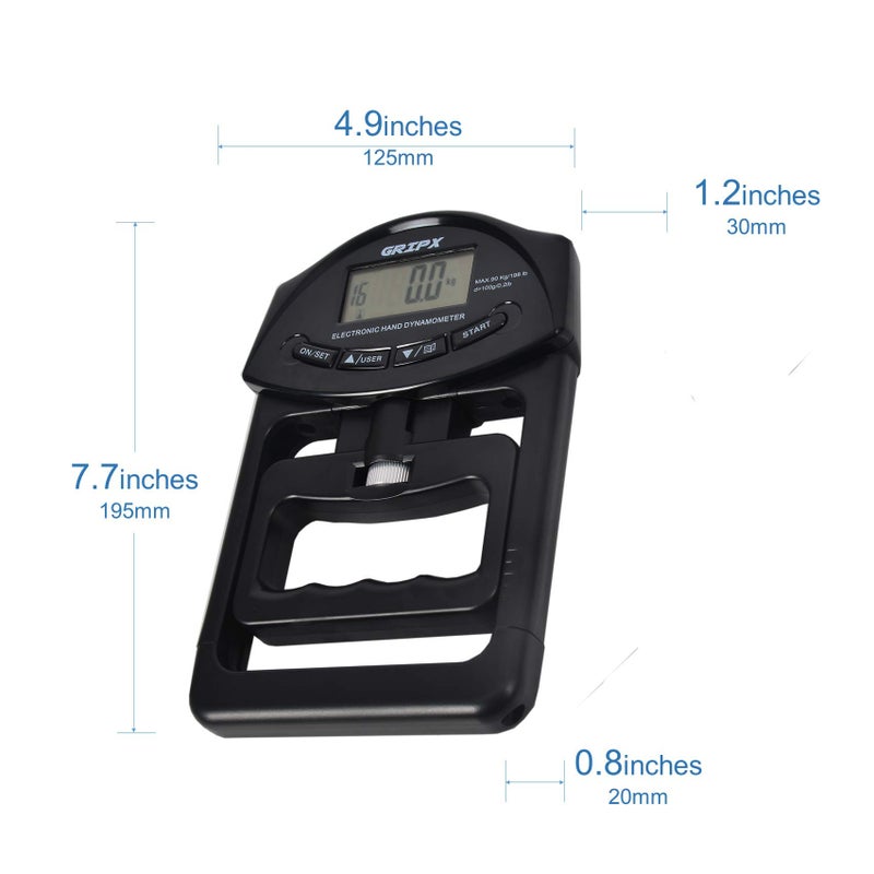 GRIPX Digital Hand Dynamometer Grip Strength Measurement Meter Auto Capturing Electronic Hand Grip Power 198Lbs / 90Kgs, Black - Image 2