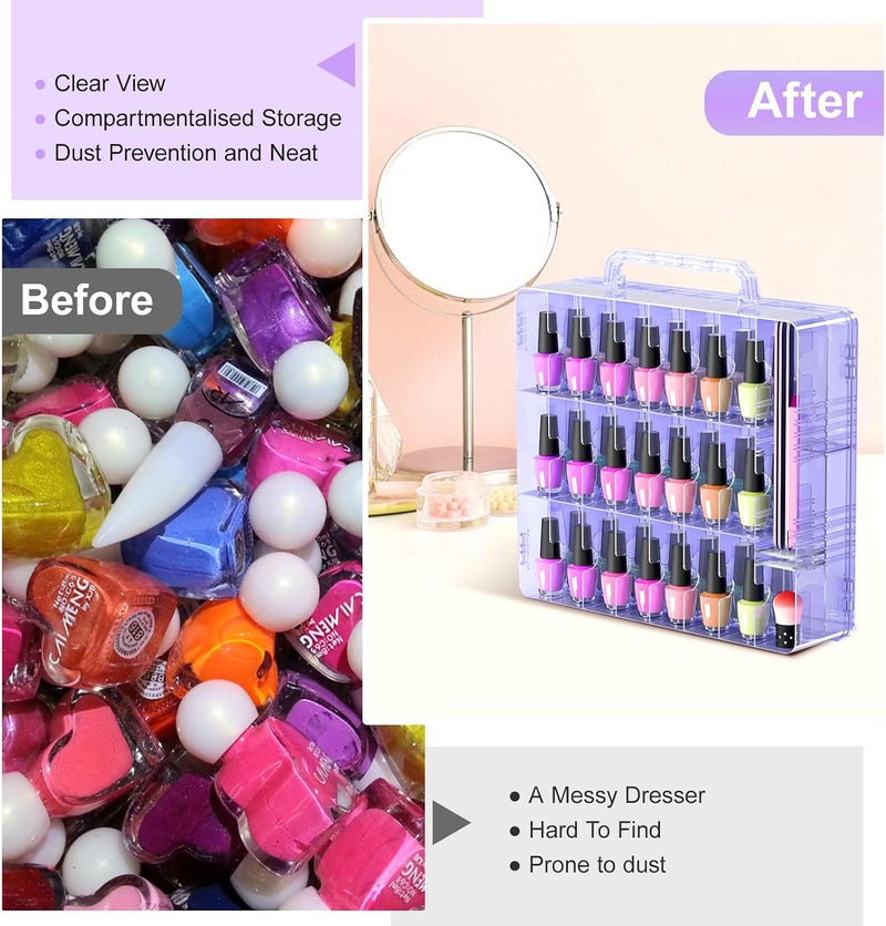 BELOVING 2pcs Nail Polish Organizer, Portable 48 Bottles Clear Nail Polish Holder with Adjustable Divider, Gel Nail Polish Storage Double Side Nail Polish Organizer Case for Nail Tech Purple - Image 3
