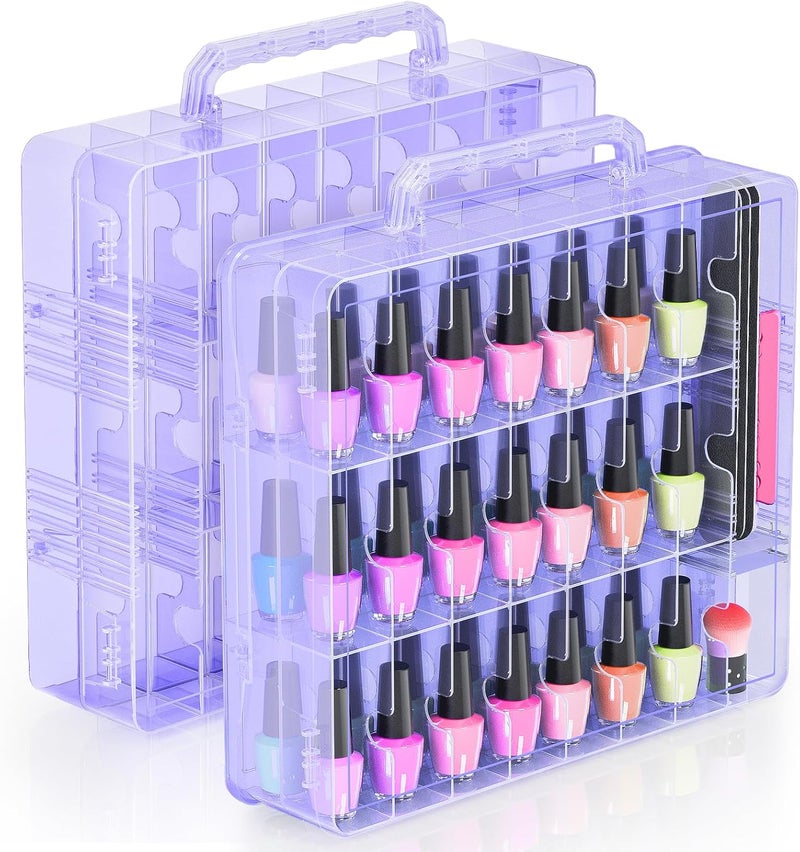 BELOVING 2pcs Nail Polish Organizer, Portable 48 Bottles Clear Nail Polish Holder with Adjustable Divider, Gel Nail Polish Storage Double Side Nail Polish Organizer Case for Nail Tech Purple - Image 1