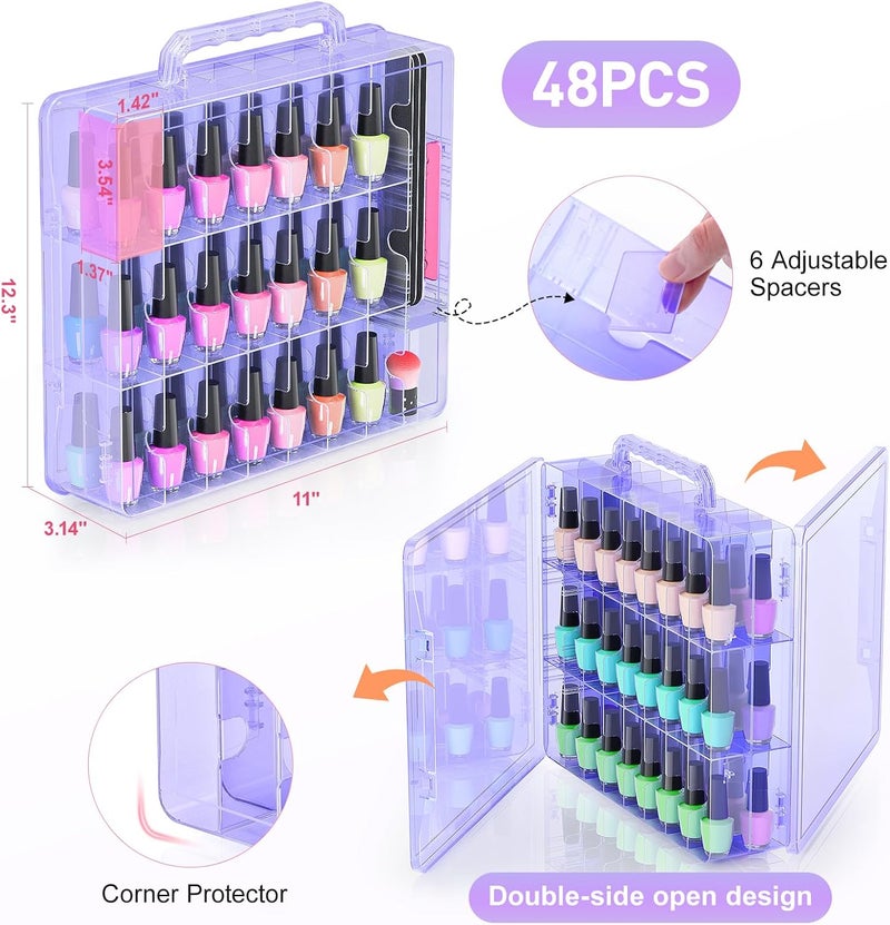 BELOVING 2pcs Nail Polish Organizer, Portable 48 Bottles Clear Nail Polish Holder with Adjustable Divider, Gel Nail Polish Storage Double Side Nail Polish Organizer Case for Nail Tech Purple - Image 2