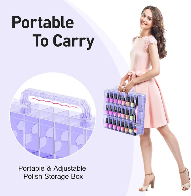 BELOVING 2pcs Nail Polish Organizer, Portable 48 Bottles Clear Nail Polish Holder with Adjustable Divider, Gel Nail Polish Storage Double Side Nail Polish Organizer Case for Nail Tech Purple - Image 4