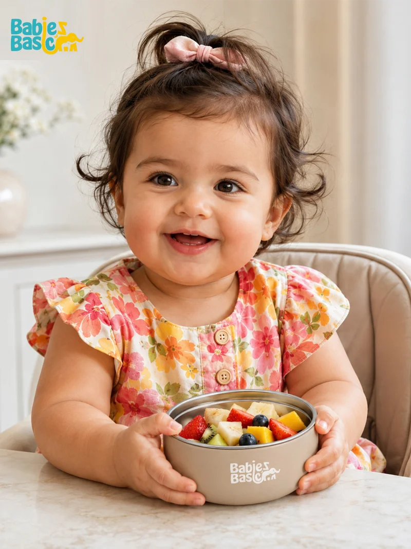 Babies Basic Babies Basic Stainless Steel Bowl with Silicone Sleeve for Kids, Beige