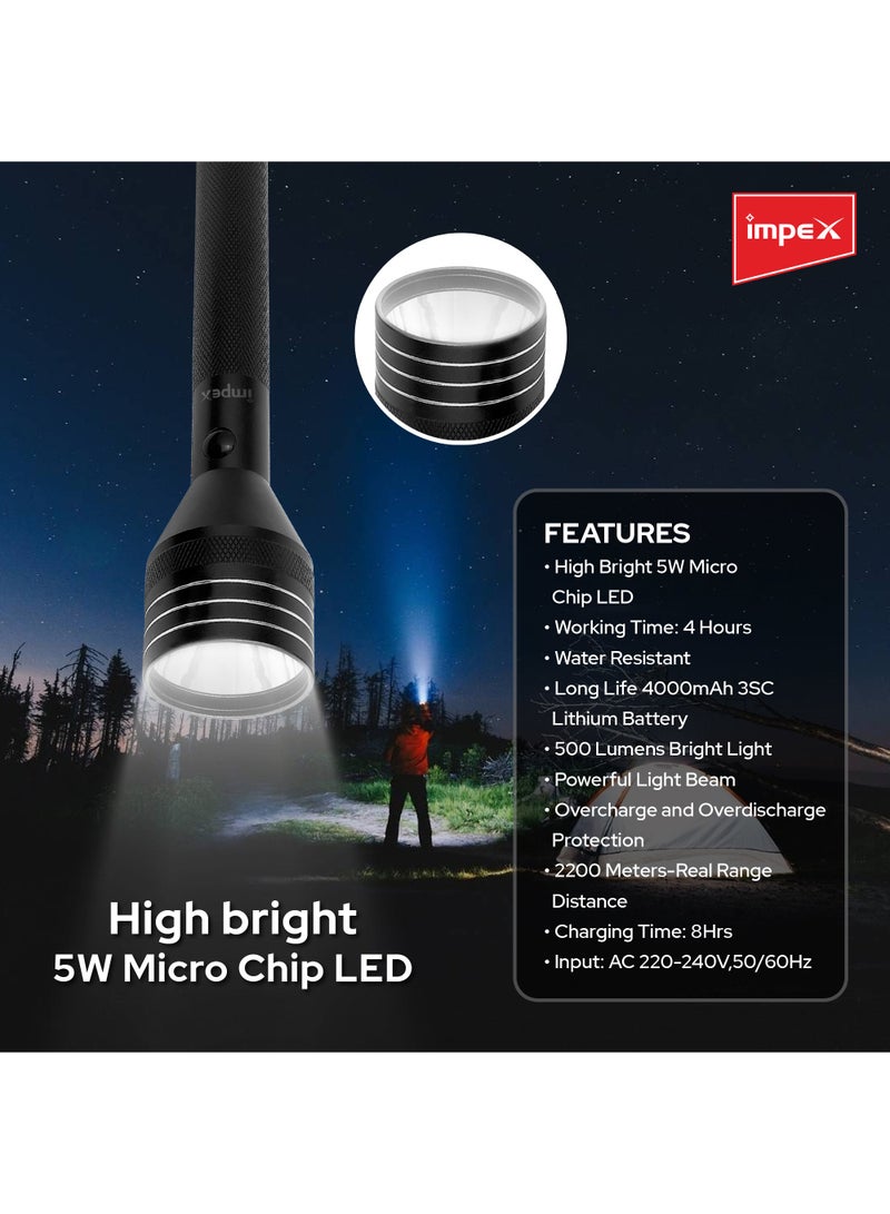 Torch 3SC Rechargeable LED Flashlight | 500 Lumens Brightness | 2200m Range | 4000mAh Lithium Battery | Aircraft Aluminium Body | Water Resistant | Overcharge & Overdischarge Protection