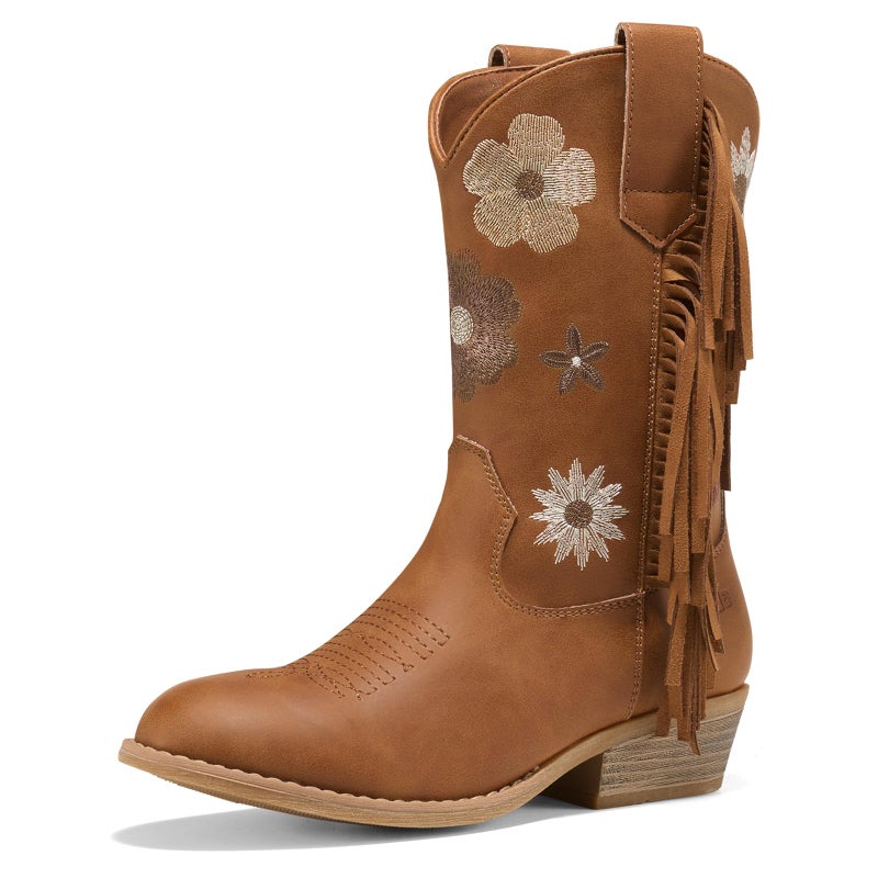 Rollda Girls Cowboy Boots, Cowgirl Boots with Tassel, Floral Embroidered Kids Western Boots for Toddler/Little Kid/Big Kid Brown Size 10 - Image 1