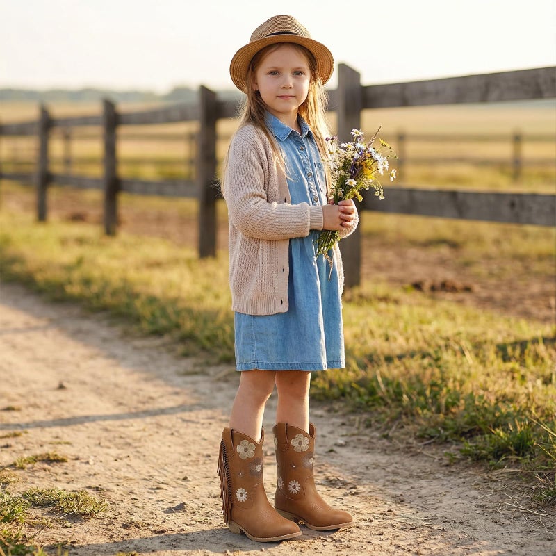 Rollda Girls Cowboy Boots, Cowgirl Boots with Tassel, Floral Embroidered Kids Western Boots for Toddler/Little Kid/Big Kid Brown Size 10 - Image 2