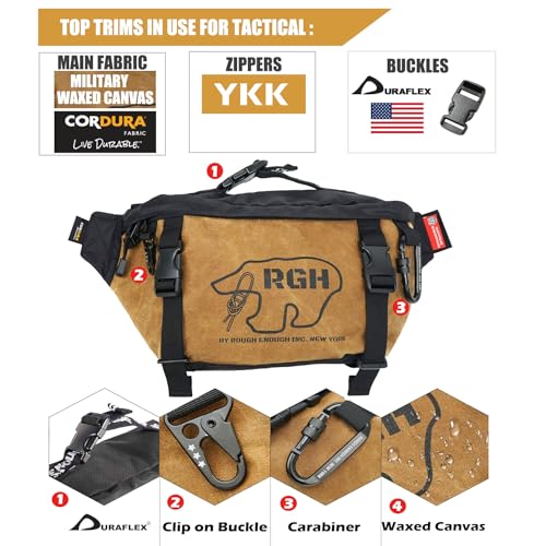RE ROUGH ENOUGH Rough Enough Tactical Fanny Pack Crossbody Large Waist Bag for Men Fishing Hiking Travel in Waxed Canvas Brown Khaki, 4L - Image 4