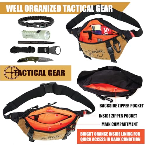 RE ROUGH ENOUGH Rough Enough Tactical Fanny Pack Crossbody Large Waist Bag for Men Fishing Hiking Travel in Waxed Canvas Brown Khaki, 4L - Image 5