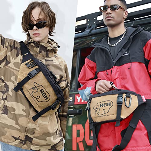 RE ROUGH ENOUGH Rough Enough Tactical Fanny Pack Crossbody Large Waist Bag for Men Fishing Hiking Travel in Waxed Canvas Brown Khaki, 4L - Image 2