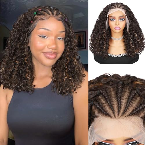 Quantum Love Braided Wig for Black Women Braids Cornrows Lace Curly Wigs 16 Inch Fully Lace Frontal Braided Curly Bob Mix Brown Synthetic Glueless Wigs - Image 1