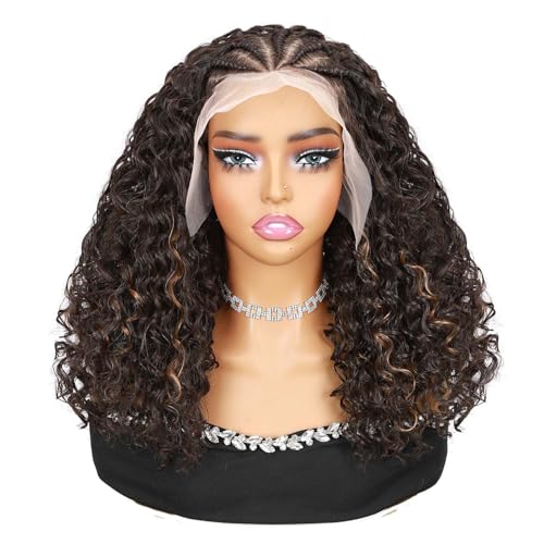 Quantum Love Braided Wig for Black Women Braids Cornrows Lace Curly Wigs 16 Inch Fully Lace Frontal Braided Curly Bob Mix Brown Synthetic Glueless Wigs - Image 3