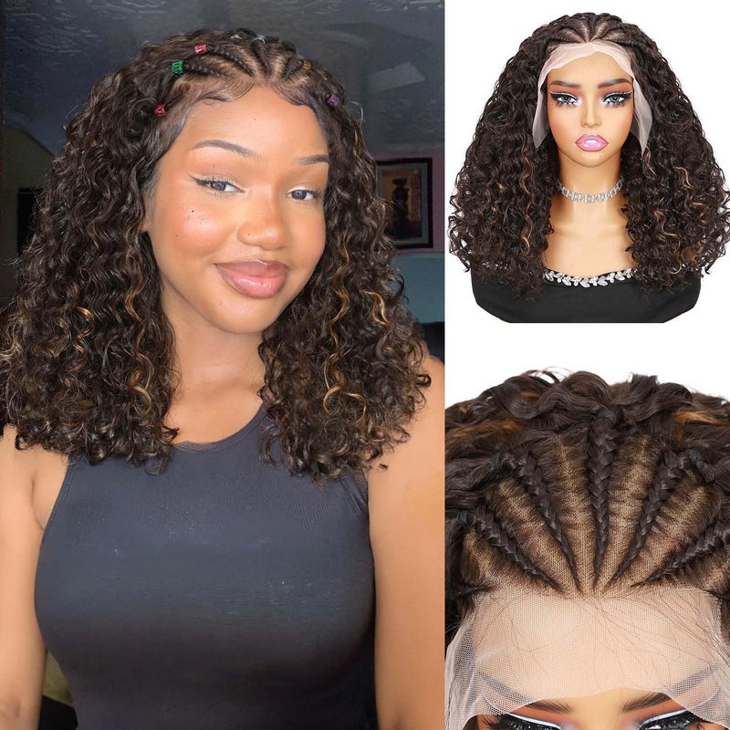 Quantum Love Braided Wig for Black Women Braids Cornrows Lace Curly Wigs 16 Inch Fully Lace Frontal Braided Curly Bob Mix Brown Synthetic Glueless Wigs - Image 2