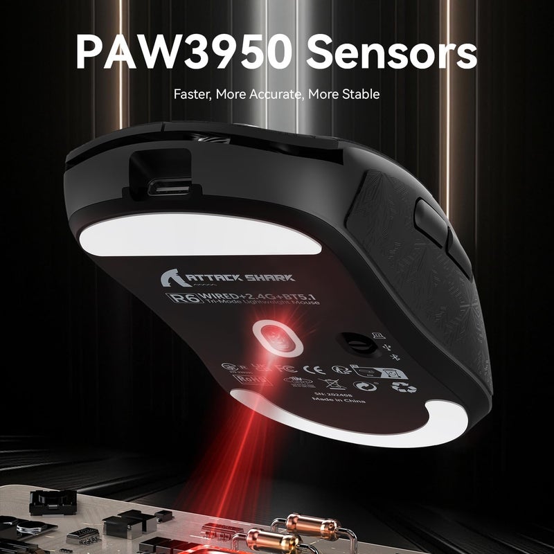 MAMBASNAKE x Attack Shark R6 Superlight Mouse with Grip Tape, PixArt PAW3950MAX Gaming Sensor, Wireless 8K, MCU Nodic 52840, BT/2.4G/Wired Gaming Mouse, Adjustable DPI 42000, for Win11/Xbox/PS/Mac - Image 5