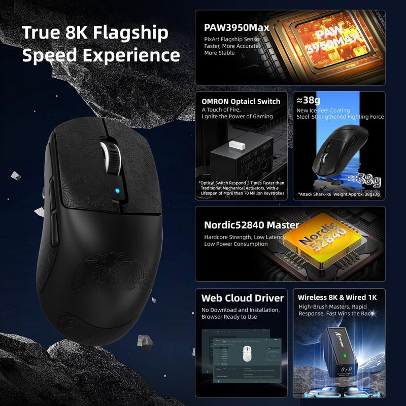 MAMBASNAKE x Attack Shark R6 Superlight Mouse with Grip Tape, PixArt PAW3950MAX Gaming Sensor, Wireless 8K, MCU Nodic 52840, BT/2.4G/Wired Gaming Mouse, Adjustable DPI 42000, for Win11/Xbox/PS/Mac - Image 3