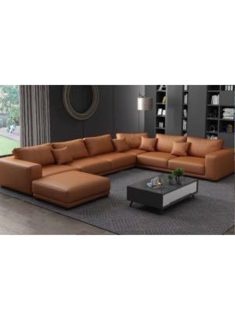 Al Zakharef Furniture Reem U-Shaped Sectional Sofa Set, 6-Seater with Ottoman, Premium Leather Upholstery, Solid Wooden Frame, Modern Luxury Living Room Furniture - Hermes Orange - Image 1