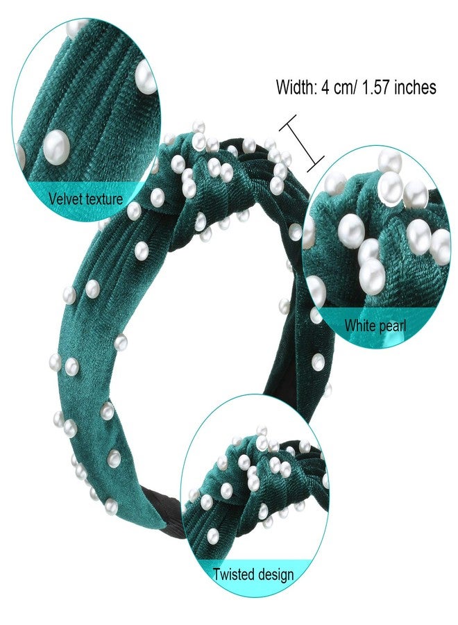 WILLBOND 3 Pieces Pearls Headband Knotted Headband for Women Retro Velvet Pearls Hair Ornament Set for Woman Hair Accessories Mother's Day Wedding Gifts(Black, Gray, Black Green) - Image 2