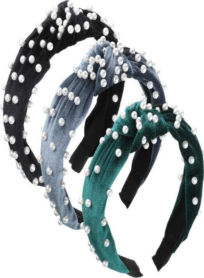 WILLBOND 3 Pieces Pearls Headband Knotted Headband for Women Retro Velvet Pearls Hair Ornament Set for Woman Hair Accessories Mother's Day Wedding Gifts(Black, Gray, Black Green) - Image 1