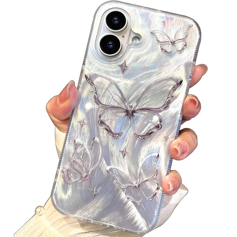 I-MGAE-IN-AR Compact Case for iPhone 16 Plus Shiny Silver Butterfly Design,Cute Trendy Soft Slim TPU Shockproof Protective Phone Cases Cover for Women Girls Aesthetic Glitter - Image 1