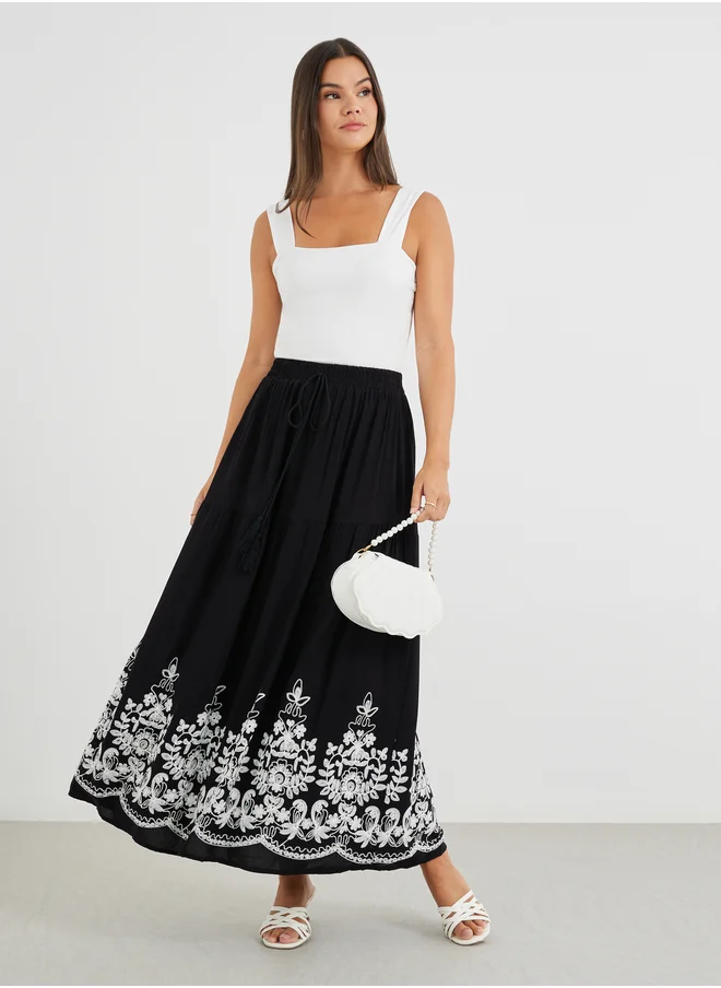 ستايلي Styli Embroidered Hem A-Line Maxi Skirt