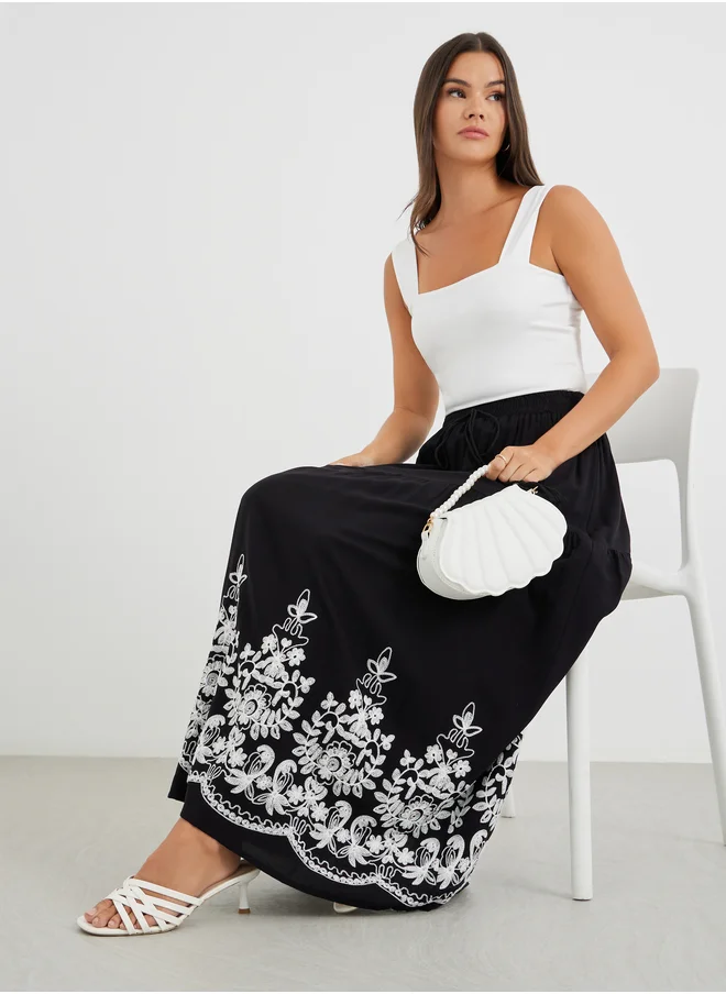 ستايلي Styli Embroidered Hem A-Line Maxi Skirt