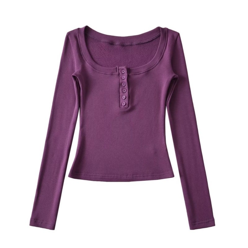 Pure Desire Style Low Square Collar Fleece-Lined Bottoming Shirt Women'S Inner Wear Tight Short Waist Tight Top Long Sleeve T-Shirt - Image 1