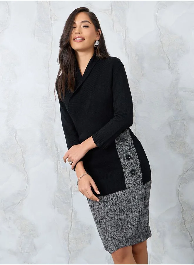 Styli 3/4 Sleeve Contrast Hem Knit Sweater Dress