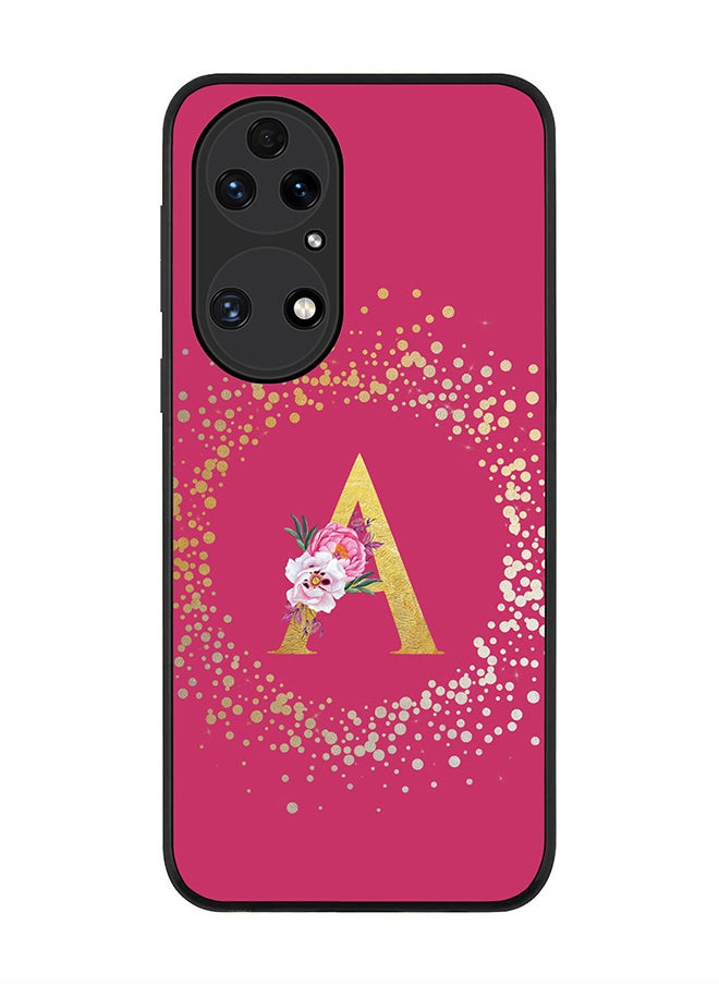 Stylizedd Rugged Black edge case for Huawei P50, Slim fit Rubber Edges Thin Cover -  Custom Monogram Initial Letter Floral Pattern Alphabet - A  (Dark Pink Rose )  - Image 1