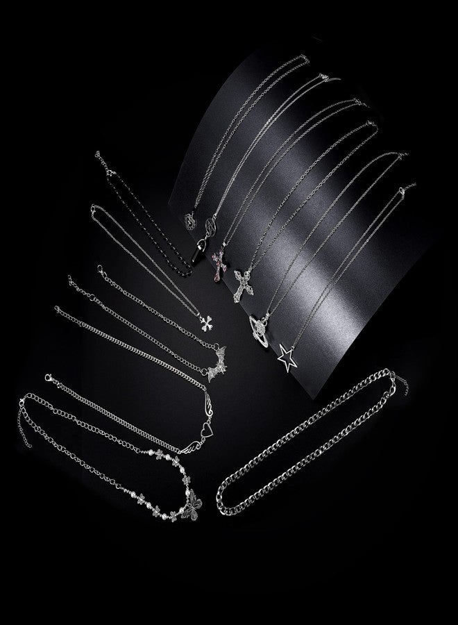 gothapy 11Pcs Punk Vintage Necklace Set Goth Grunge Saturn Star Indie Butterfly Boho Crystal Y2k Cross Pendent Heart Wing Statement Choker for Women Men - Image 2