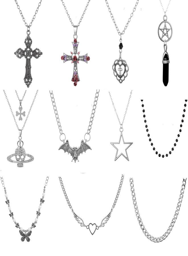 gothapy 11Pcs Punk Vintage Necklace Set Goth Grunge Saturn Star Indie Butterfly Boho Crystal Y2k Cross Pendent Heart Wing Statement Choker for Women Men - Image 1
