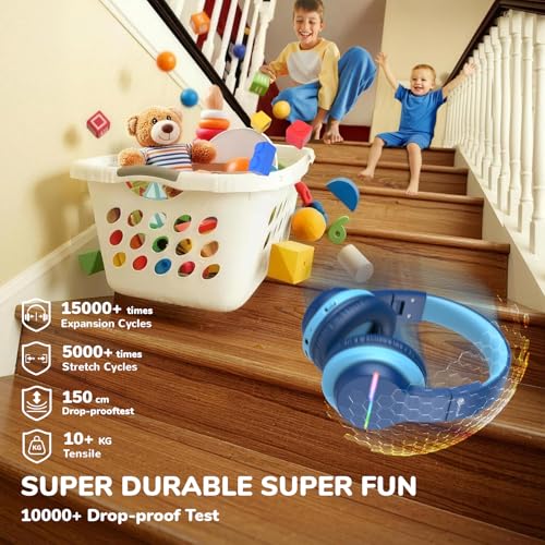 iClever BTH12 Kids Bluetooth Headphones,Colorful LED Lights Kids Headphones Wireless,74/85dBA Safe Volume,85H Playtime,Fast Charging,Bluetooth 5.2,Over Ear,Built-in Mic for iPad/Tablet/Airplane,Blue - Image 4