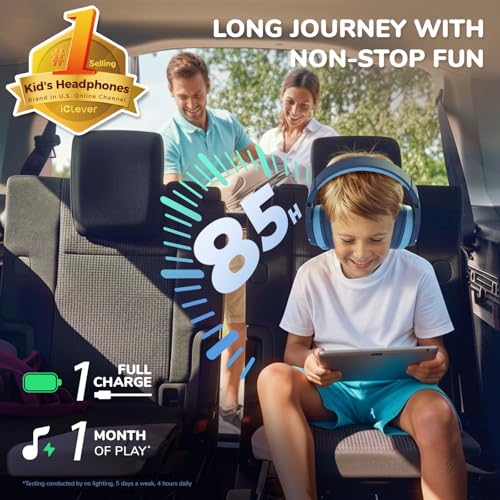 iClever BTH12 Kids Bluetooth Headphones,Colorful LED Lights Kids Headphones Wireless,74/85dBA Safe Volume,85H Playtime,Fast Charging,Bluetooth 5.2,Over Ear,Built-in Mic for iPad/Tablet/Airplane,Blue - Image 2