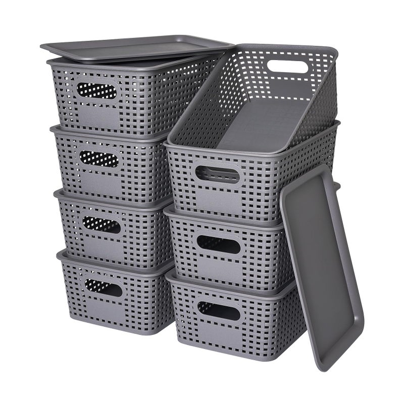 Ohmlove Plastic Storage Baskets with Lid-Plastic Storage Containers Stackable Storage bins: Storage Baskets for Organizing Shelves Drawers Desktop Closet Playroom Classroom Office, 8Pack-Gray,10.2x7.2x4.1Inch - Image 1