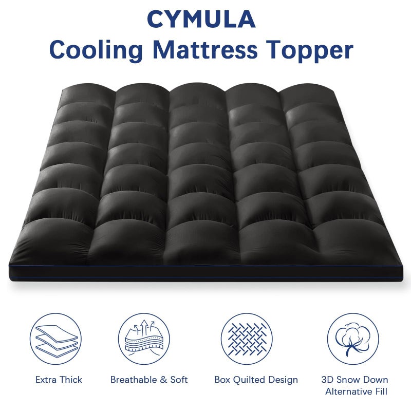CYMULA Short Queen Mattress Topper, Cooling Bed Mattress Topper, Thick Mattress Pad Cover Pillow Top Mattress Topper, Black Plush Down Alternative Fill - Image 2