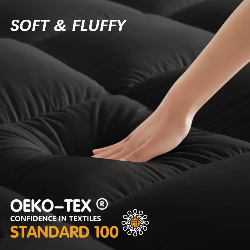 CYMULA Short Queen Mattress Topper, Cooling Bed Mattress Topper, Thick Mattress Pad Cover Pillow Top Mattress Topper, Black Plush Down Alternative Fill - Image 4