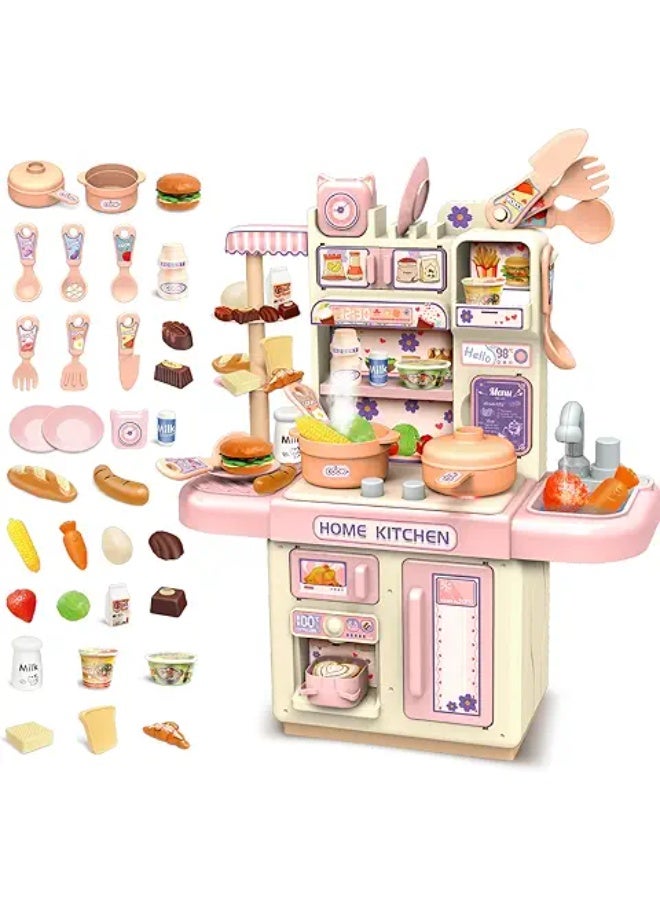 Fantastic-Kids-Toys Kitchen Playset for Kids, 33Pcs Pretend Play Kitchen Toy Accessories, Mini Kitchen Playset with Lights, Water Faucet Steamer and Realistic Sounds, (Pink)