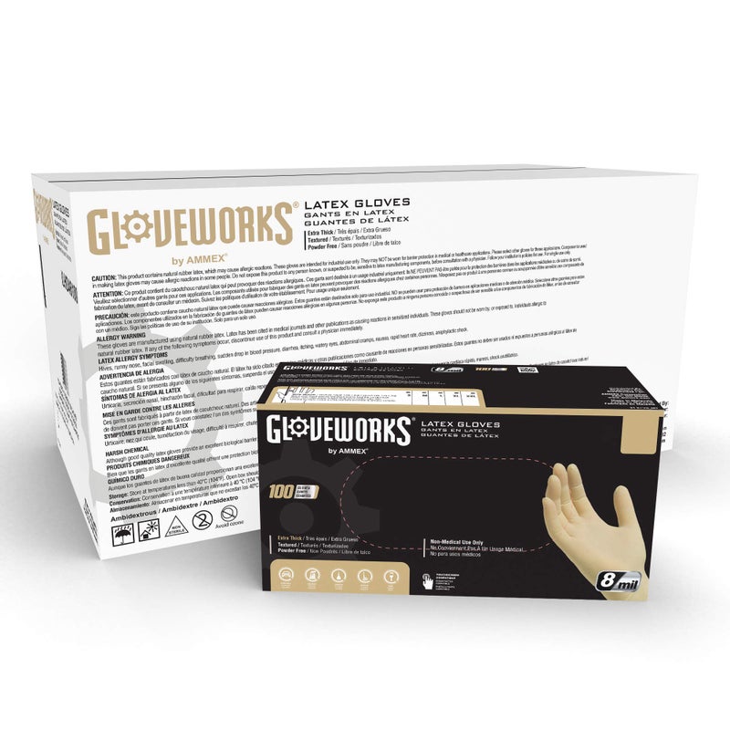 GLOVEWORKS قفازات GLOVEWORKS HD الصناعية من اللاتكس العاجي علبة 1000 8 مل حجم متوسط خالية من البودرة مع ملمس قابل للتصرف ILHD44100 - Image 3