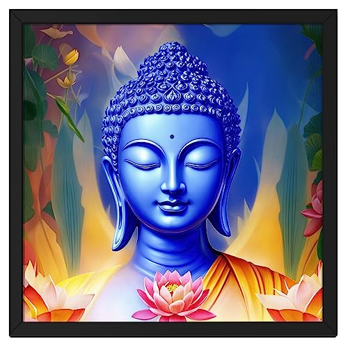 Ritwika's Artwork of Lord Buddha Meditation With Lotus Flower Multi Effective Painting with Frame | Perfect For Home and Office Decor | Size 13.5 x 13.5 Inch, Set of 1 (Multi Colour) - Image 1