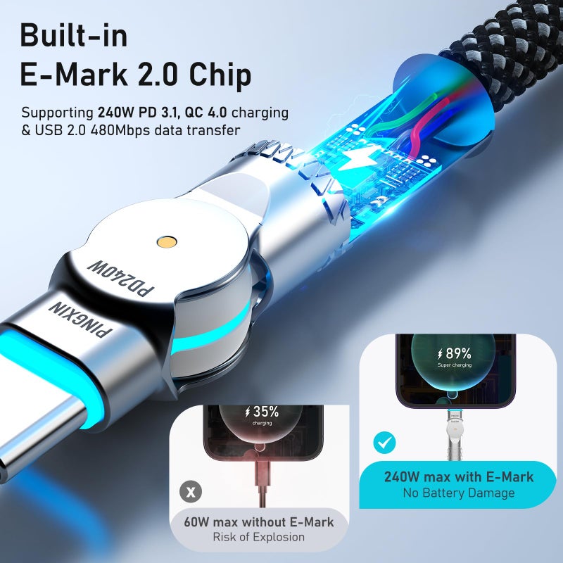PINGXIN USB C to USB C Cable 6.6ft 240W, 180Â°Rotating USB C Cable Braided Type C Charger Cable Fast Charge for iPhone 16/16Pro/16Plus/16ProMax,MacBook Air,iPad Pro,Pixel,Samsung Galaxy S23/S24 Ultra-Black - Image 5