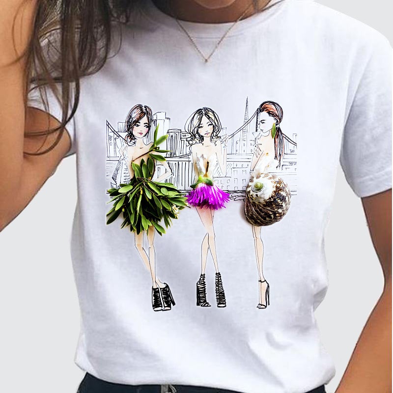 Flowers Best Friend Model Shrimp Round Neck Printed White T-Shirt Short Sleeve Women'S Wear - Image 1