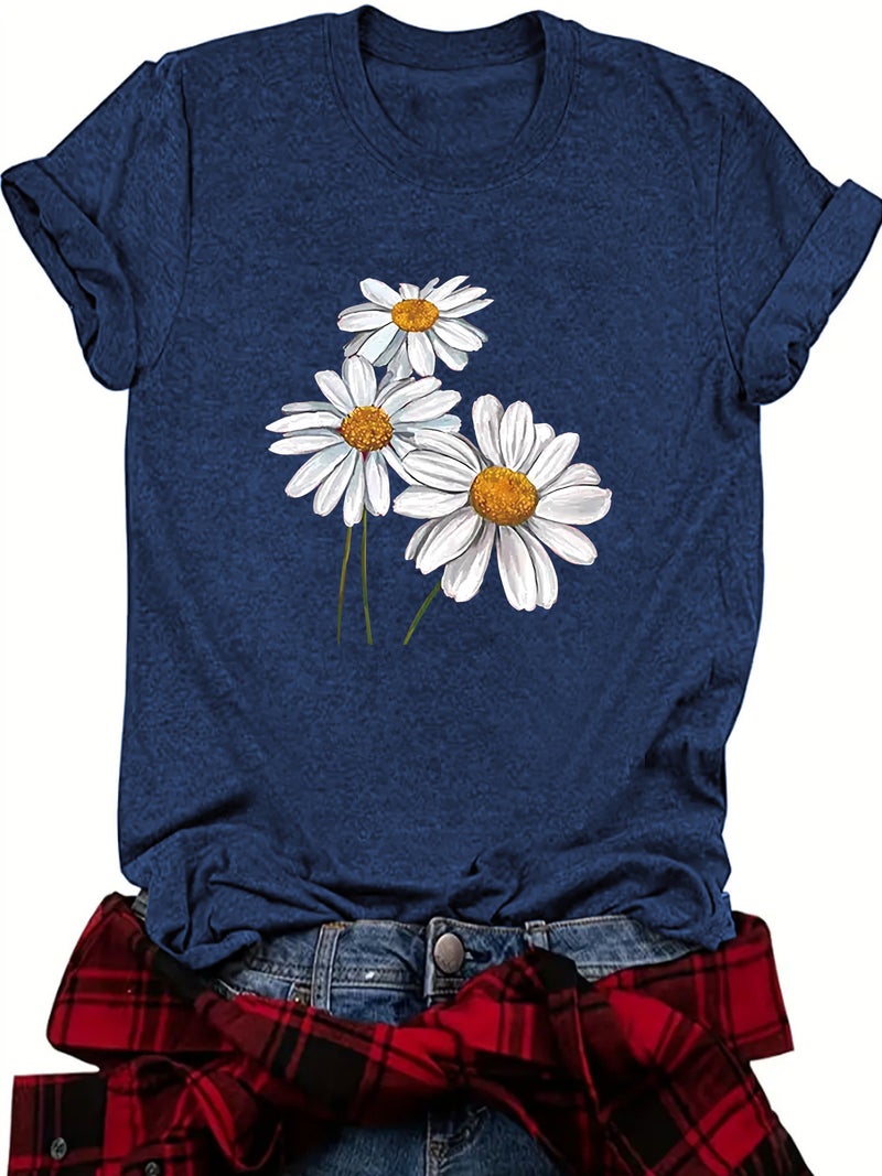 summer women's plant flower pattern round neck short sleeve casual fashion explosion T-shirt - Image 1