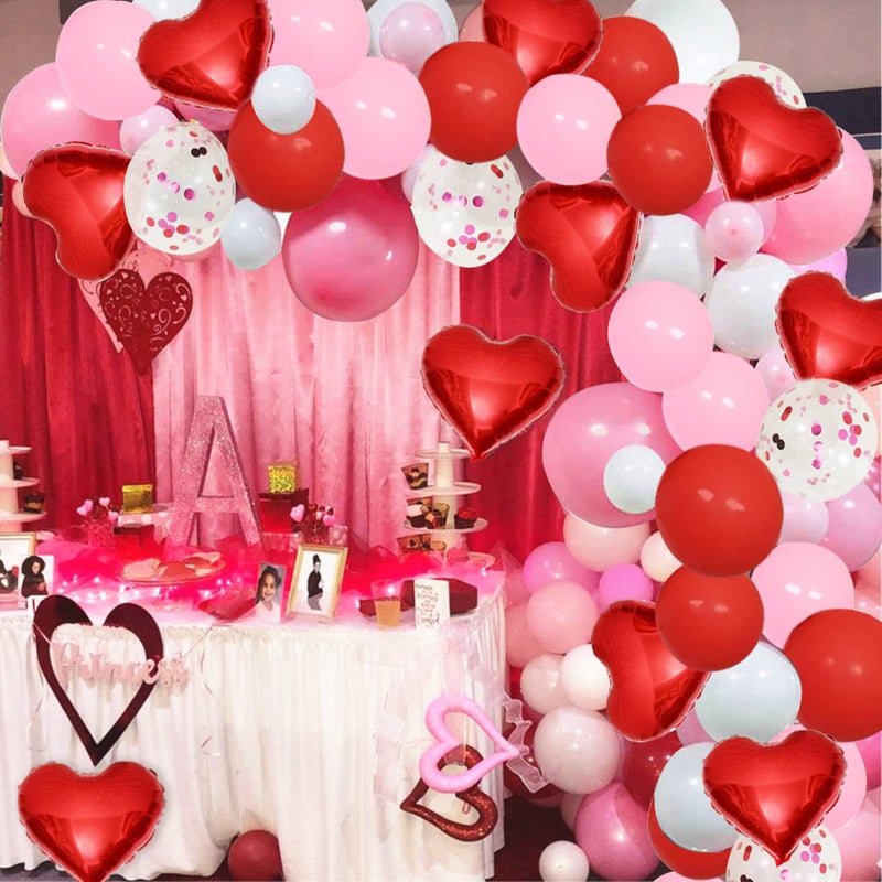 Valentines Day Red Balloons Arch Garland Kit 110 Pack 5 10 12 Red Pink White Balloons Arch with Confetti Balloon Red Heart Foil Balloon for Valentines Day Wedding Party Decorations