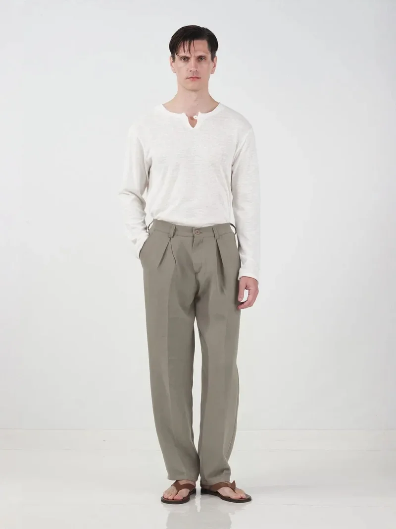Giesto Khaki Green GIESTO High Waist Pleated Tailored Trousers for Men | Best Price UAE