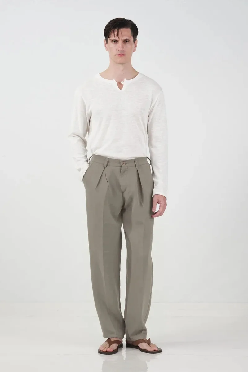 Giesto Khaki Green GIESTO High Waist Pleated Tailored Trousers for Men | Best Price UAE