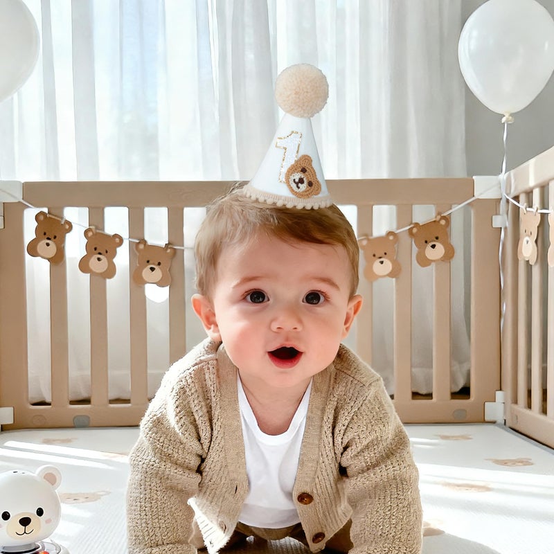 Ereniko Bear First Birthday Hat For Baby Boys/Girls White And Khaki One Year Old Felt Cone Hat 1st Happy Birthday Hats Party Decorations Photo Props - Image 3