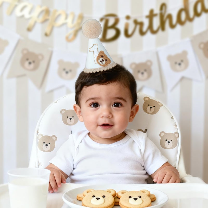 Ereniko Bear First Birthday Hat For Baby Boys/Girls White And Khaki One Year Old Felt Cone Hat 1st Happy Birthday Hats Party Decorations Photo Props - Image 4