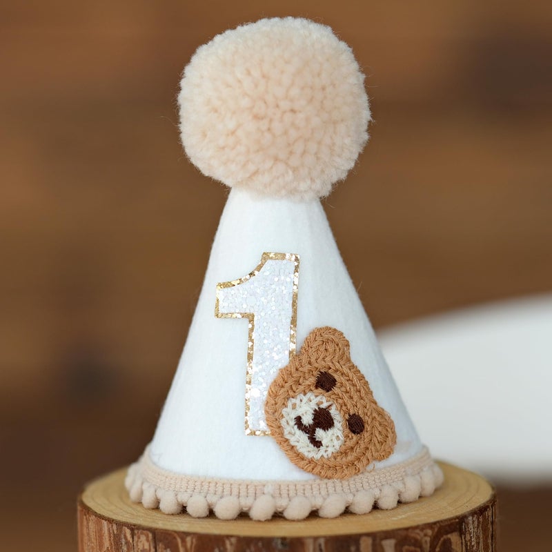 Ereniko Bear First Birthday Hat For Baby Boys/Girls White And Khaki One Year Old Felt Cone Hat 1st Happy Birthday Hats Party Decorations Photo Props - Image 1