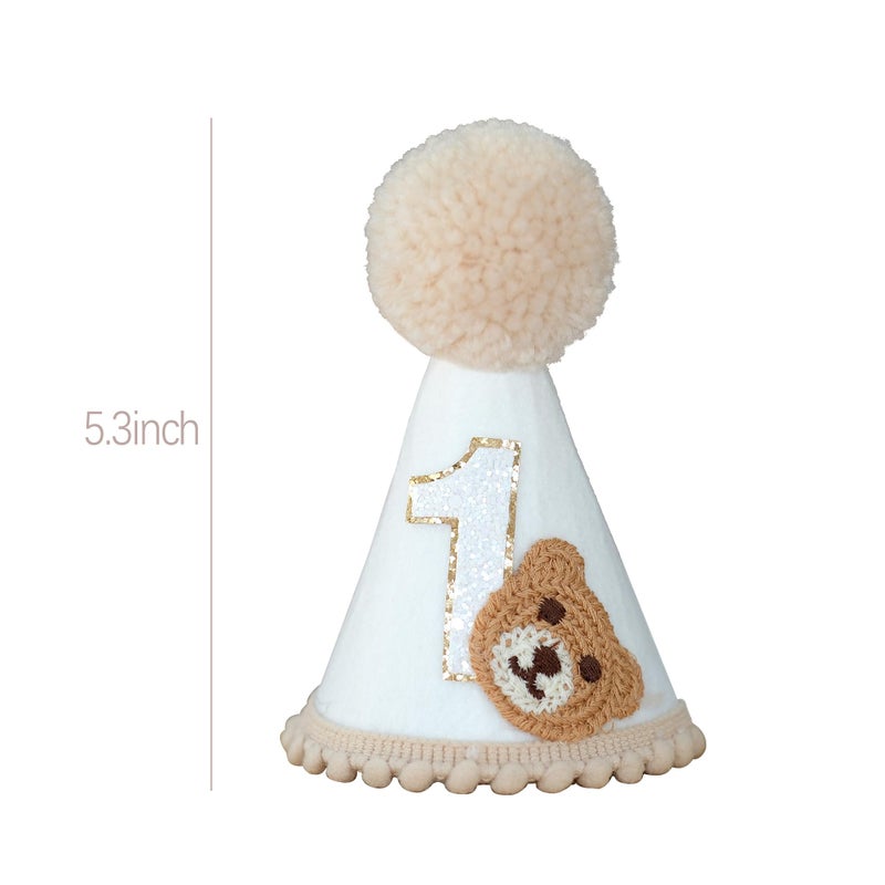 Ereniko Bear First Birthday Hat For Baby Boys/Girls White And Khaki One Year Old Felt Cone Hat 1st Happy Birthday Hats Party Decorations Photo Props - Image 2
