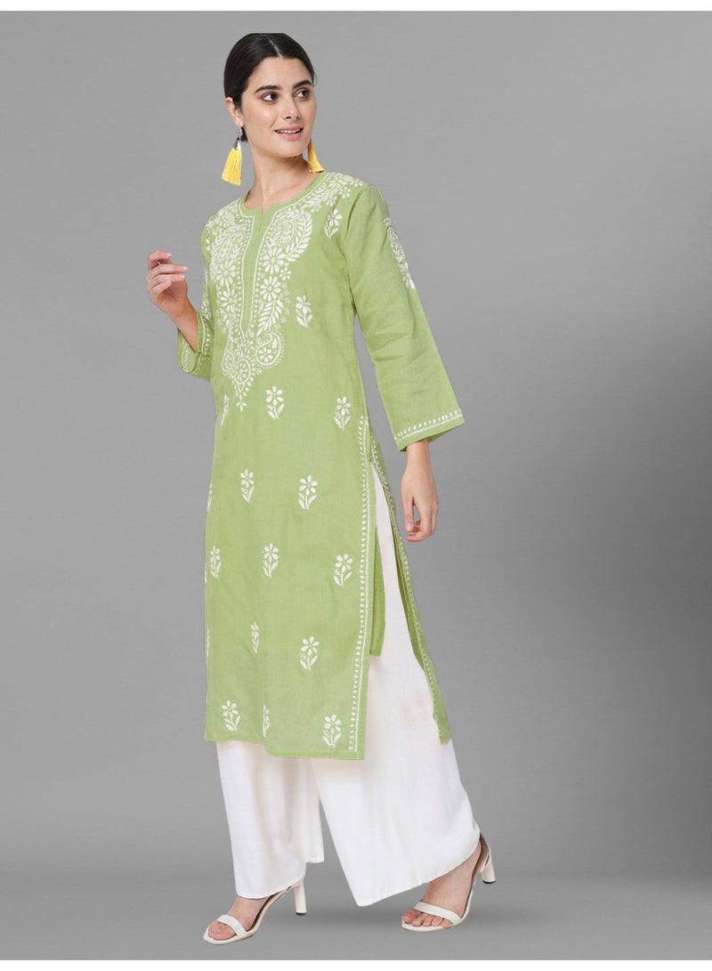 Alaya Hand Embroidered Chikankari Cotton Straight Kurta-AL3561 - Image 3