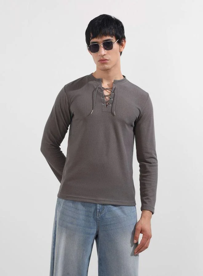 The Indian Garage Co Men Regular Fit Textured V-Neck Full Sleeves T-Shirt