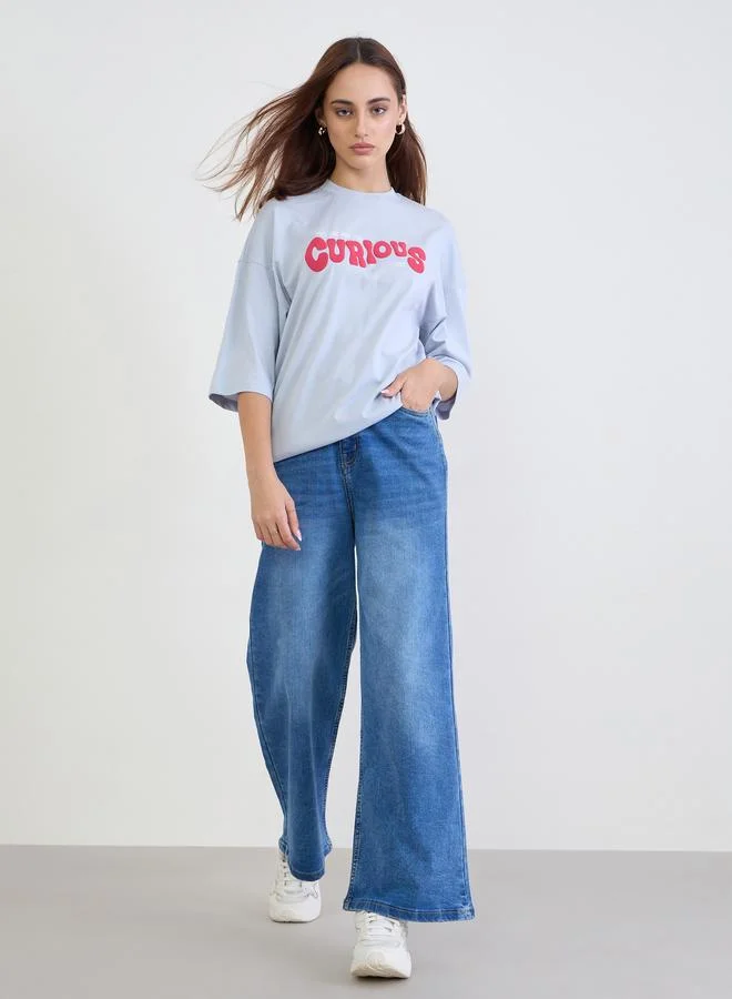 Styli Styli Blue Slogan Print Oversized T-Shirt